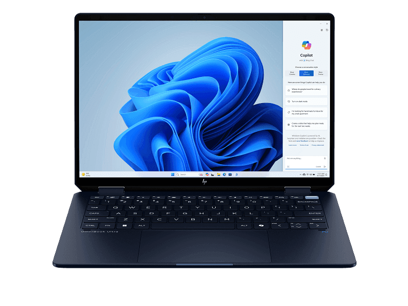 HP OmniBook Ultra Flip Laptop 14-fh0018nia - Intel Core Ultra 9 288V (up to 5.1 GHz with Intel Turbo Boost Technology, 12 MB L3 cache, 8 cores, 8 threads), 32 GB LPDDR5x-8533 MT/s (onboard), 2 TB PCIe, Gen4 NVMe Performance M.2 SSD, 35.6 cm (14) diagonal, 3K (2880 x 1800), OLED, multitouch-enabled, Full-size, backlit, darker atmospheric blue opaque keyboard, myHP; HP AI Companion, Windows 11 Home